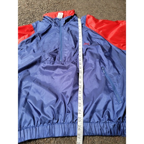 Vintage Puma Nylon Rain Jacket Mens XL Blue Red Hooded Vented Running 1/4 Zip - Picture 7 of 9